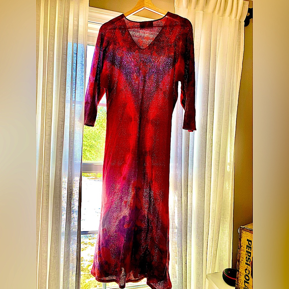 Whispers of San Francisco dress tie dye red purple Knit LS maxi